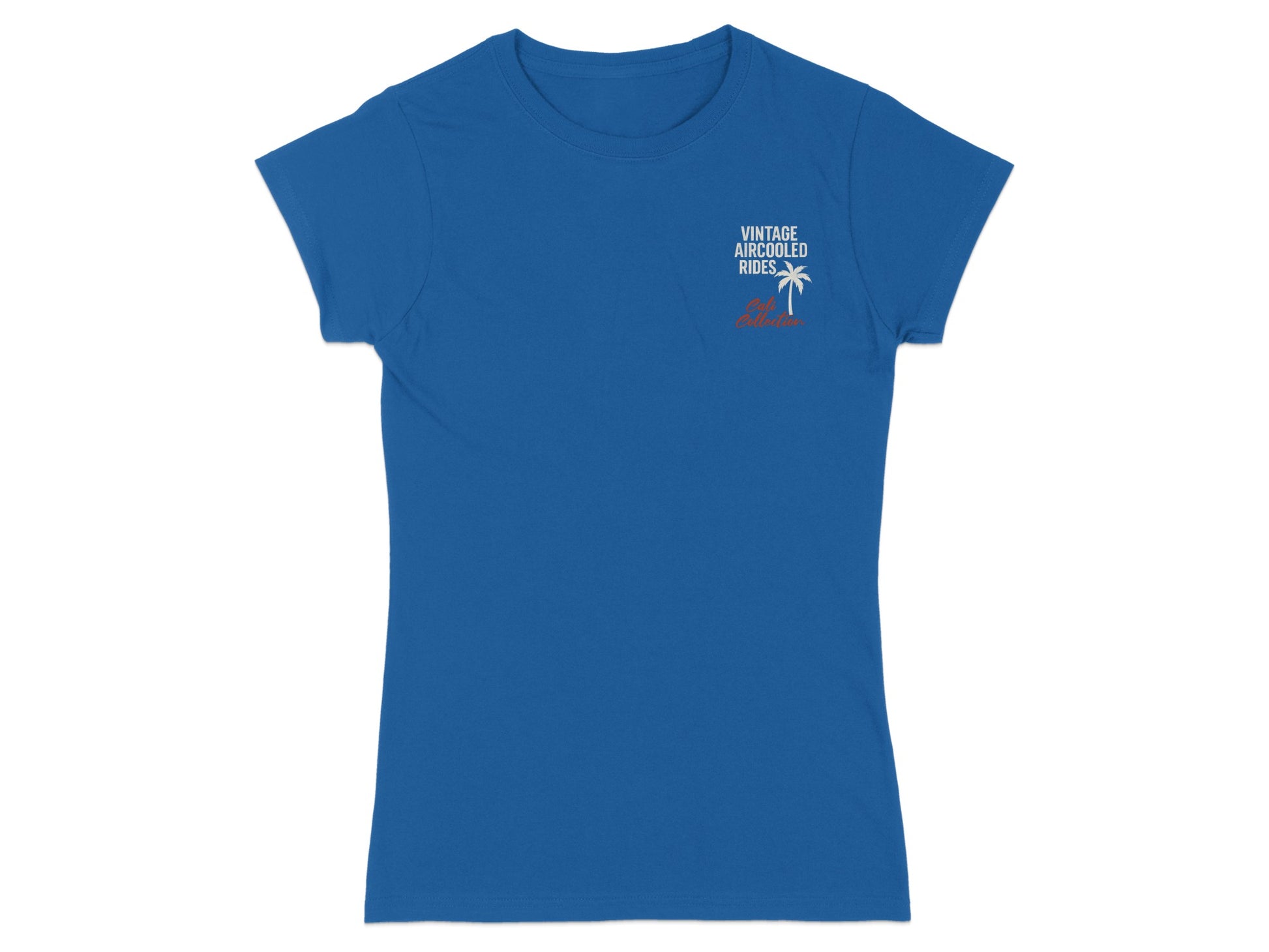 Blue t-shirt with "VINTAGE AIRCOOLED RIDES" and a palm tree graphic.