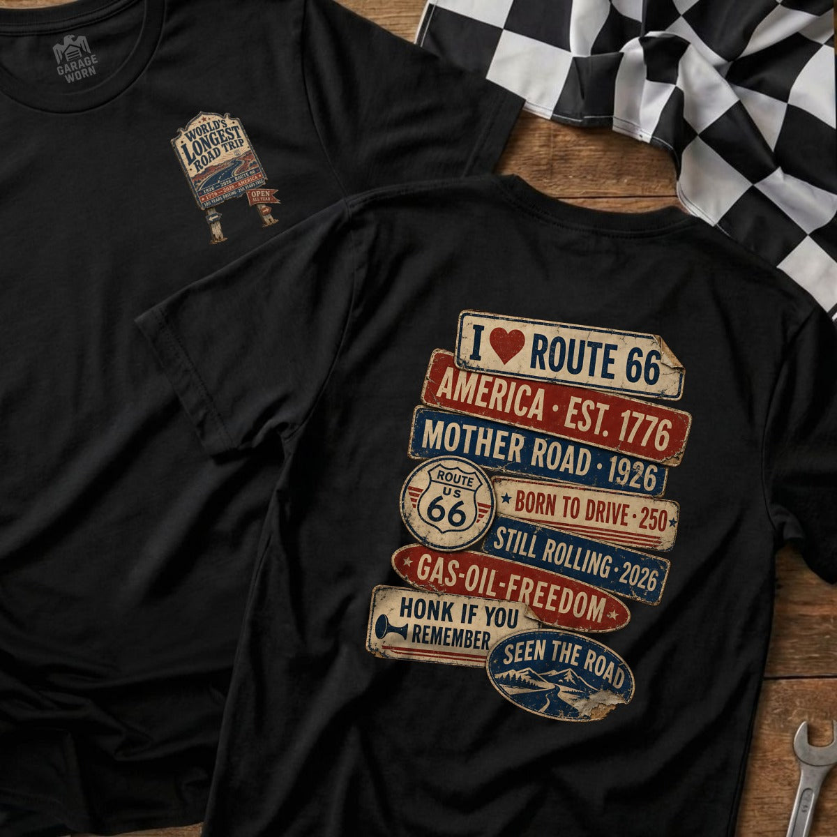 Black t-shirt with Route 66 graphics and text about road trips.