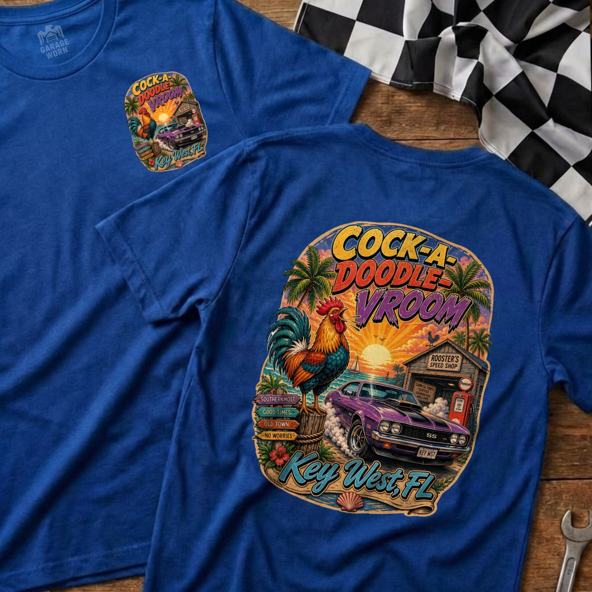 Blue t-shirt with "Cock-a-Doodle Vroom" graphic featuring a rooster and purple muscle car.