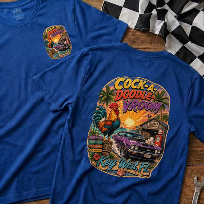 Blue t-shirt with "Cock-a-Doodle Vroom" graphic featuring a rooster and purple muscle car.