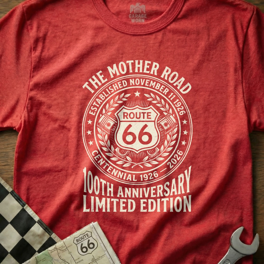 Red t-shirt with Route 66 centennial celebration graphic and text.