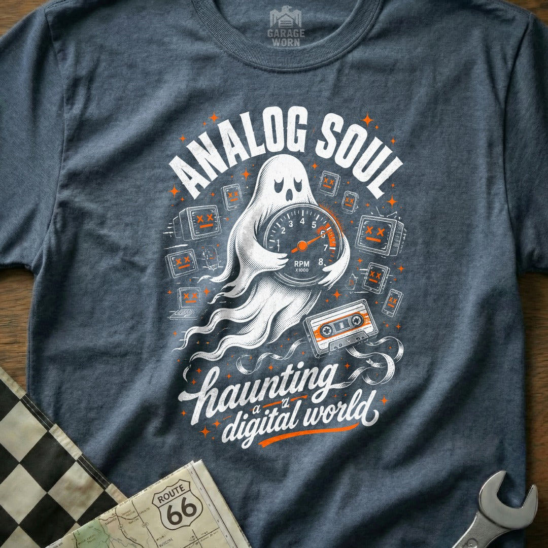 Ghost holding RPM gauge with "ANALOG SOUL" and "haunting a digital world" text.