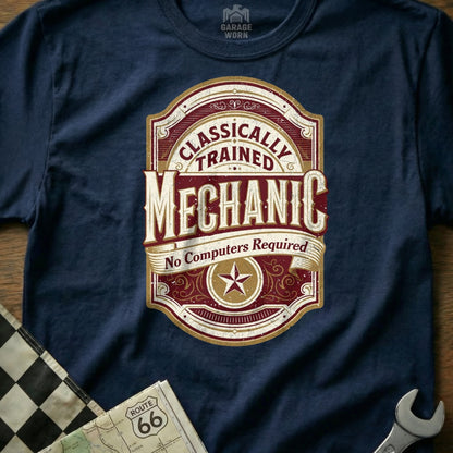 Navy t-shirt with "Classically Trained Mechanic No Computers Required" emblem.