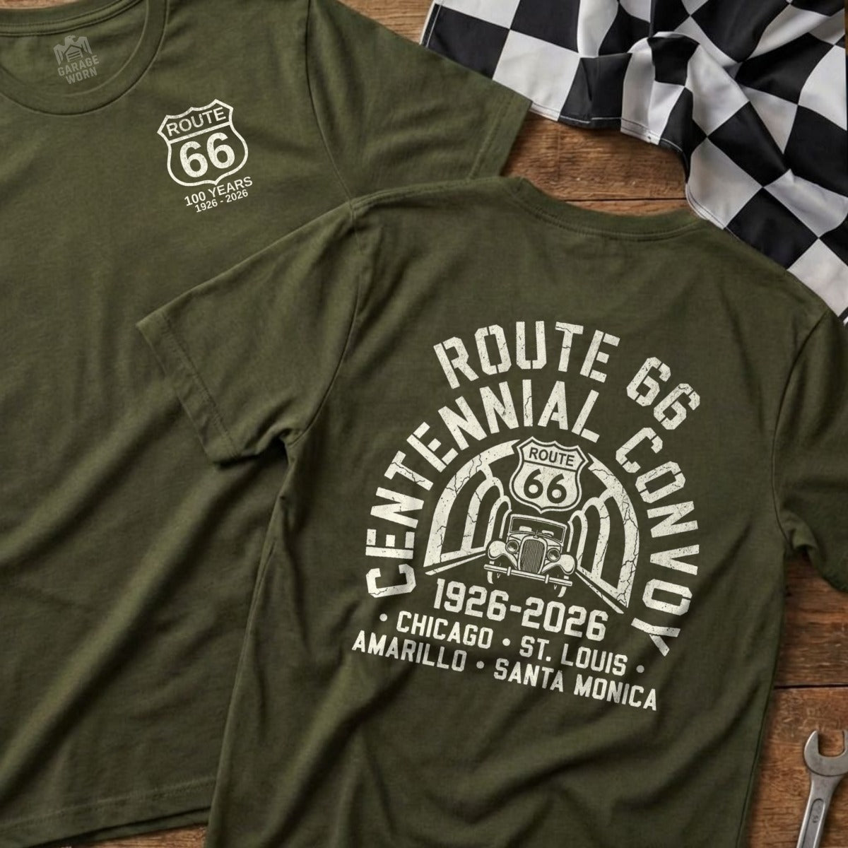 Green t-shirt with Route 66 Centennial Convoy 1926-2026 design.