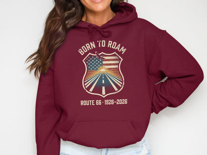 Maroon hoodie with "Born to Roam Route 66" shield graphic featuring American flag.