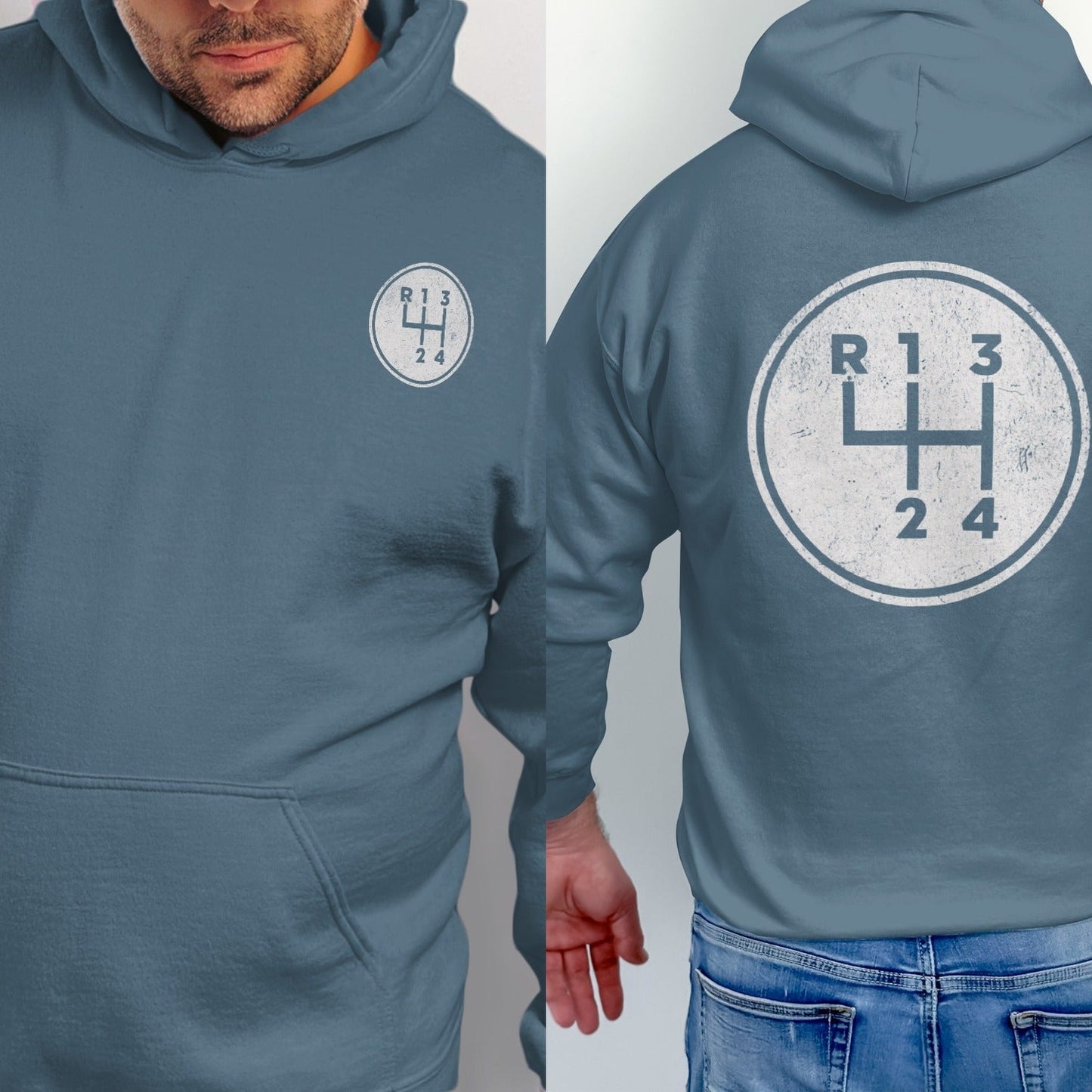 Blue hoodie with a circular graphic of a manual gear shift pattern.