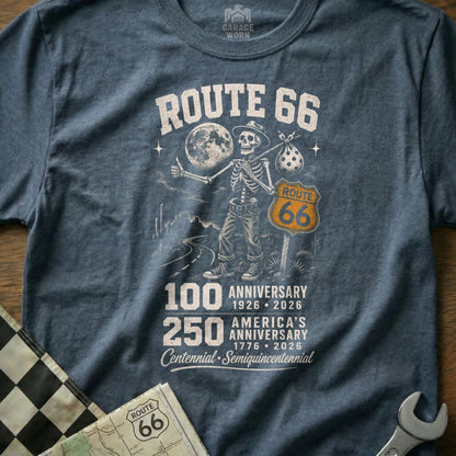 Route 66 skeleton traveler graphic with anniversary dates on a blue t-shirt.