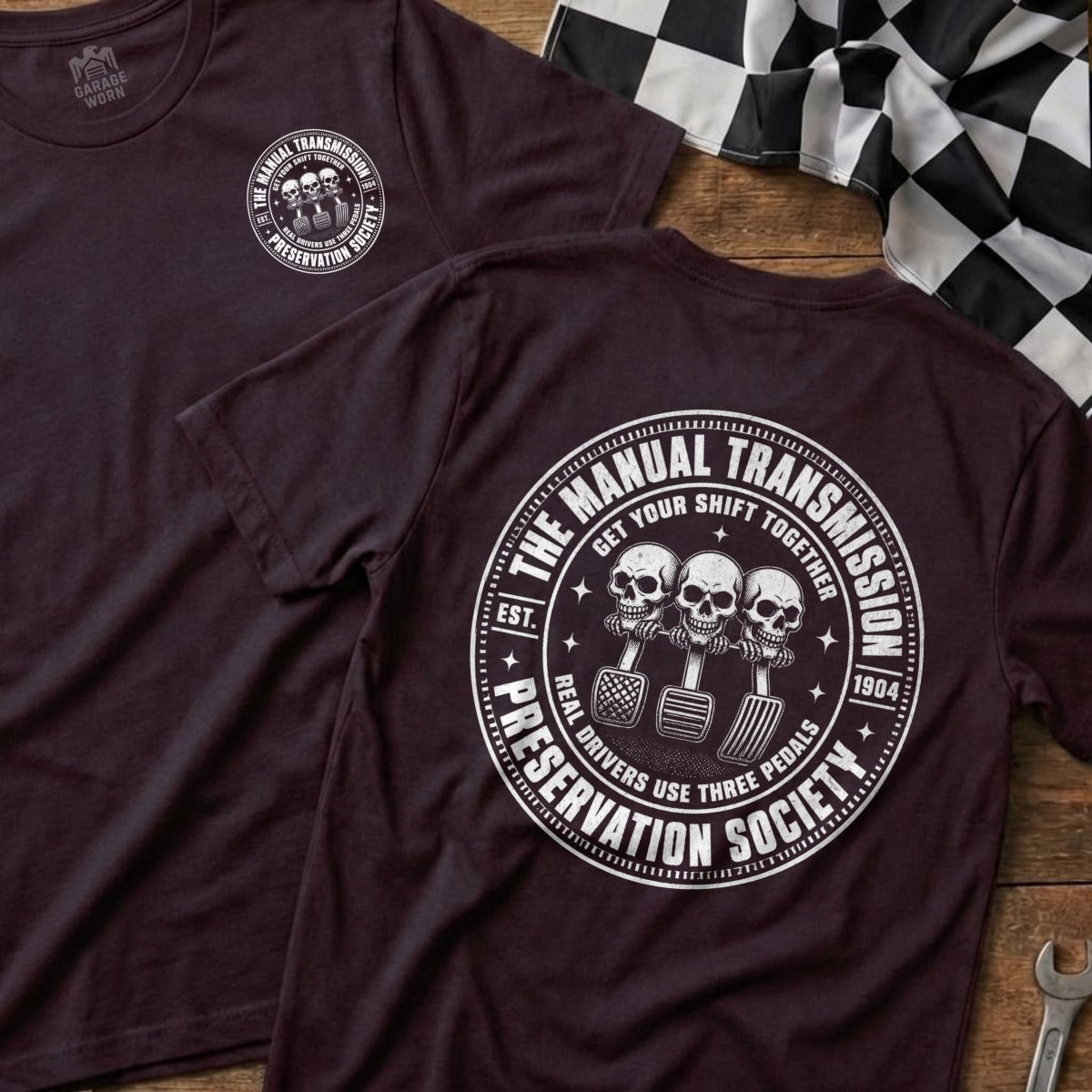 Dark t-shirt with "The Manual Transmission Preservation Society" circular design.