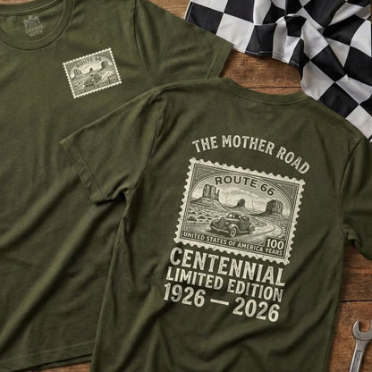 Olive green t-shirt with Route 66 Centennial design on back.