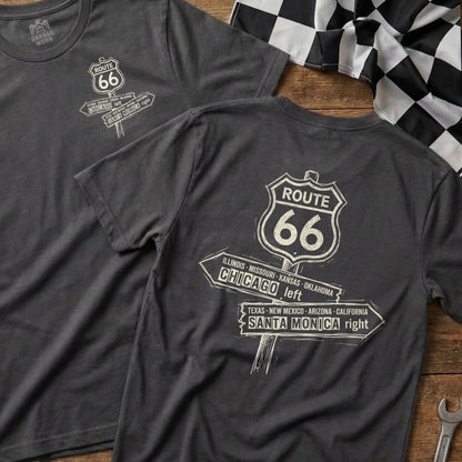 Dark gray t-shirts featuring Route 66 sign with directional text.