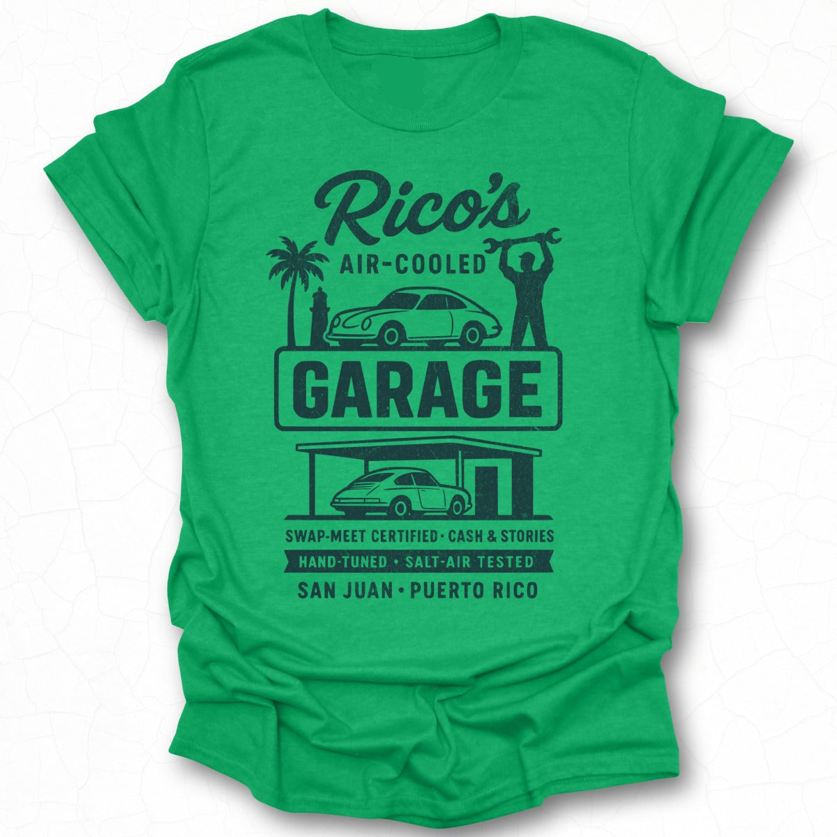 Ricos Air-Cooled Garage Graphic Tee for Car Enthusiasts