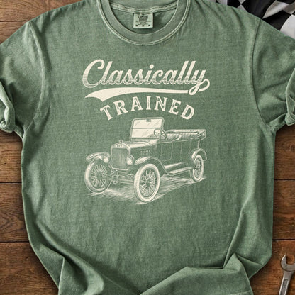 Green t-shirt with "Classically TRAINED" text and a vintage automobile illustration.