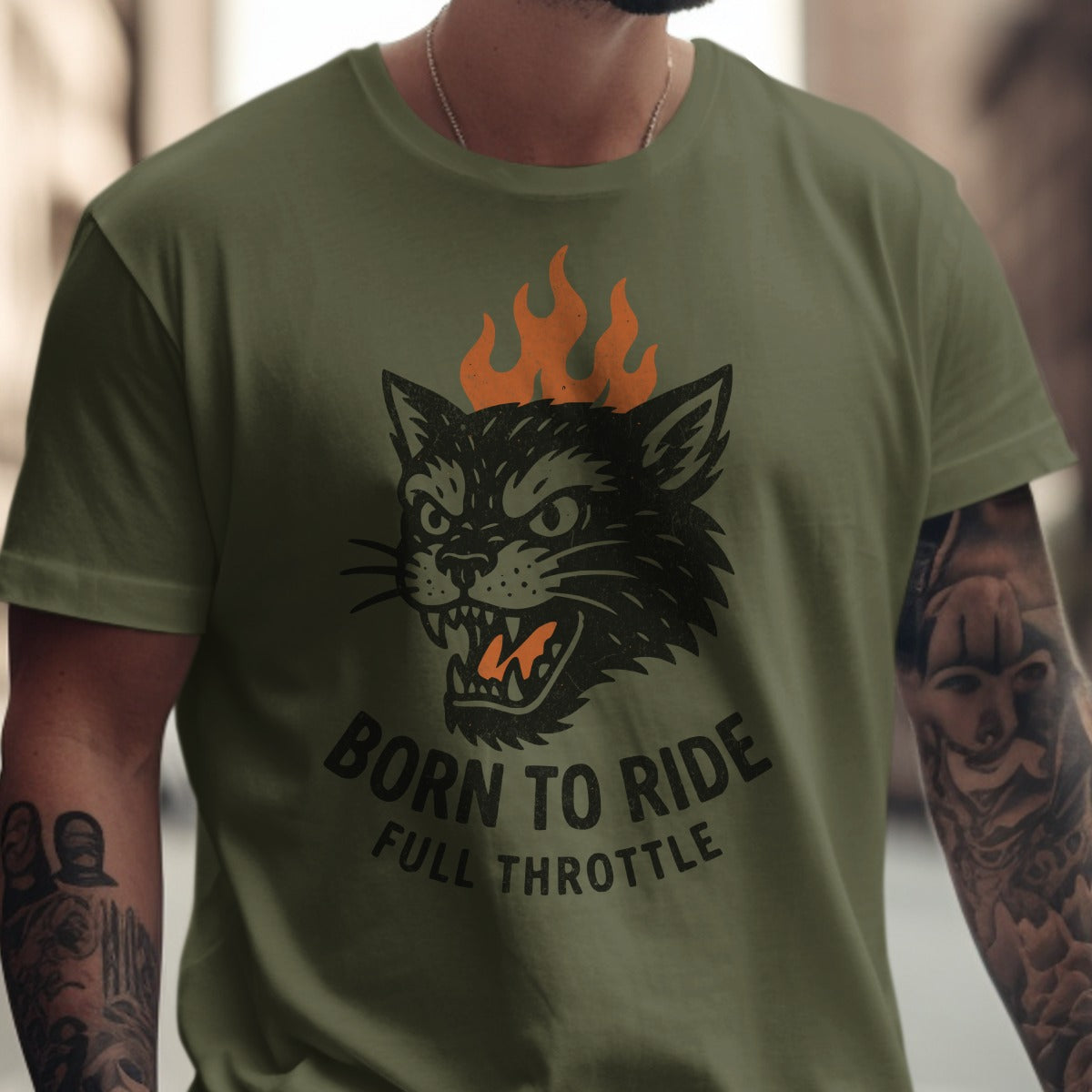 Born to Ride Full Throttle Cat Design T-Shirt