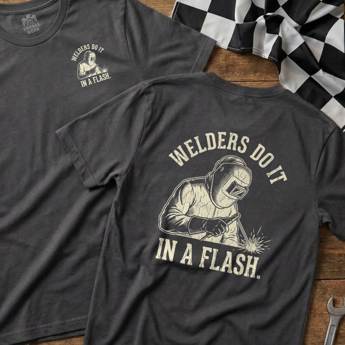 T-shirt with welder graphic and text "Welders Do It In A Flash."