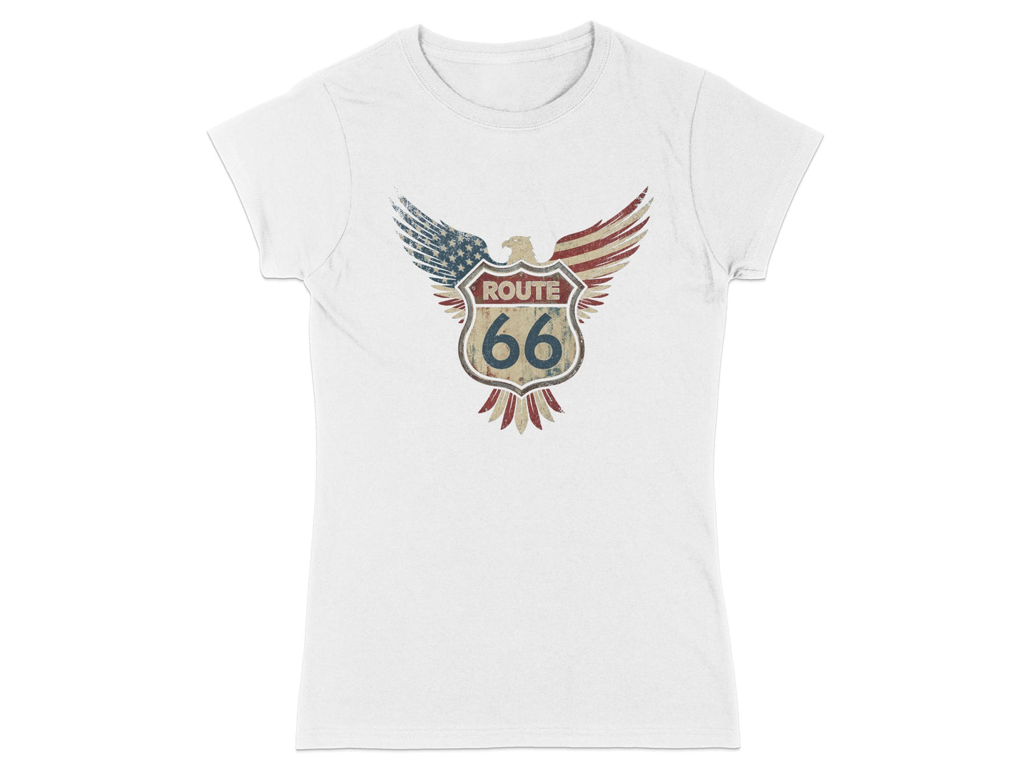 White t-shirt with distressed Route 66 eagle shield graphic.