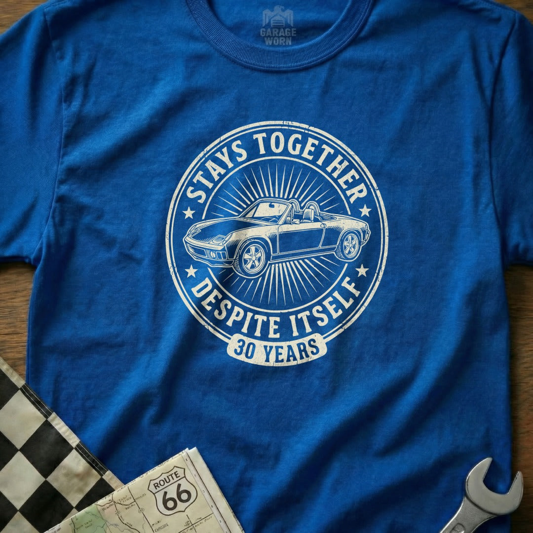 Blue t-shirt with circular graphic celebrating "30 Years" and a classic car.