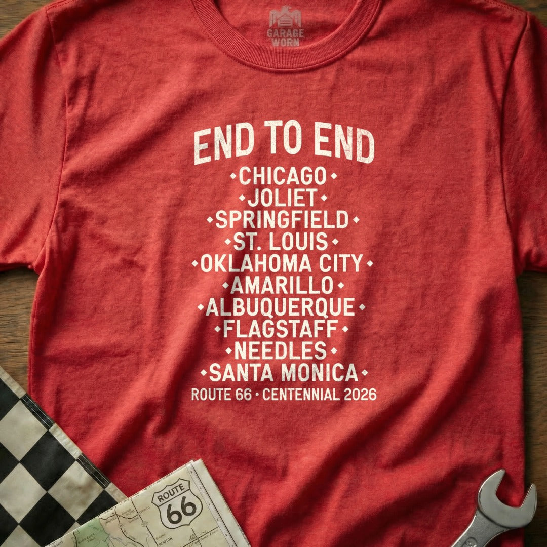 Red t-shirt listing Route 66 cities from Chicago to Santa Monica.