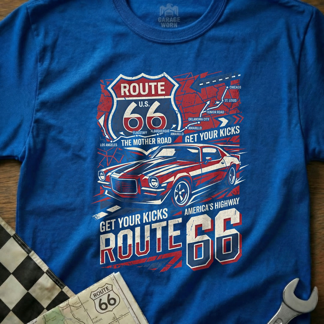 Blue t-shirt graphic featuring a vintage car on Route 66 with city names.