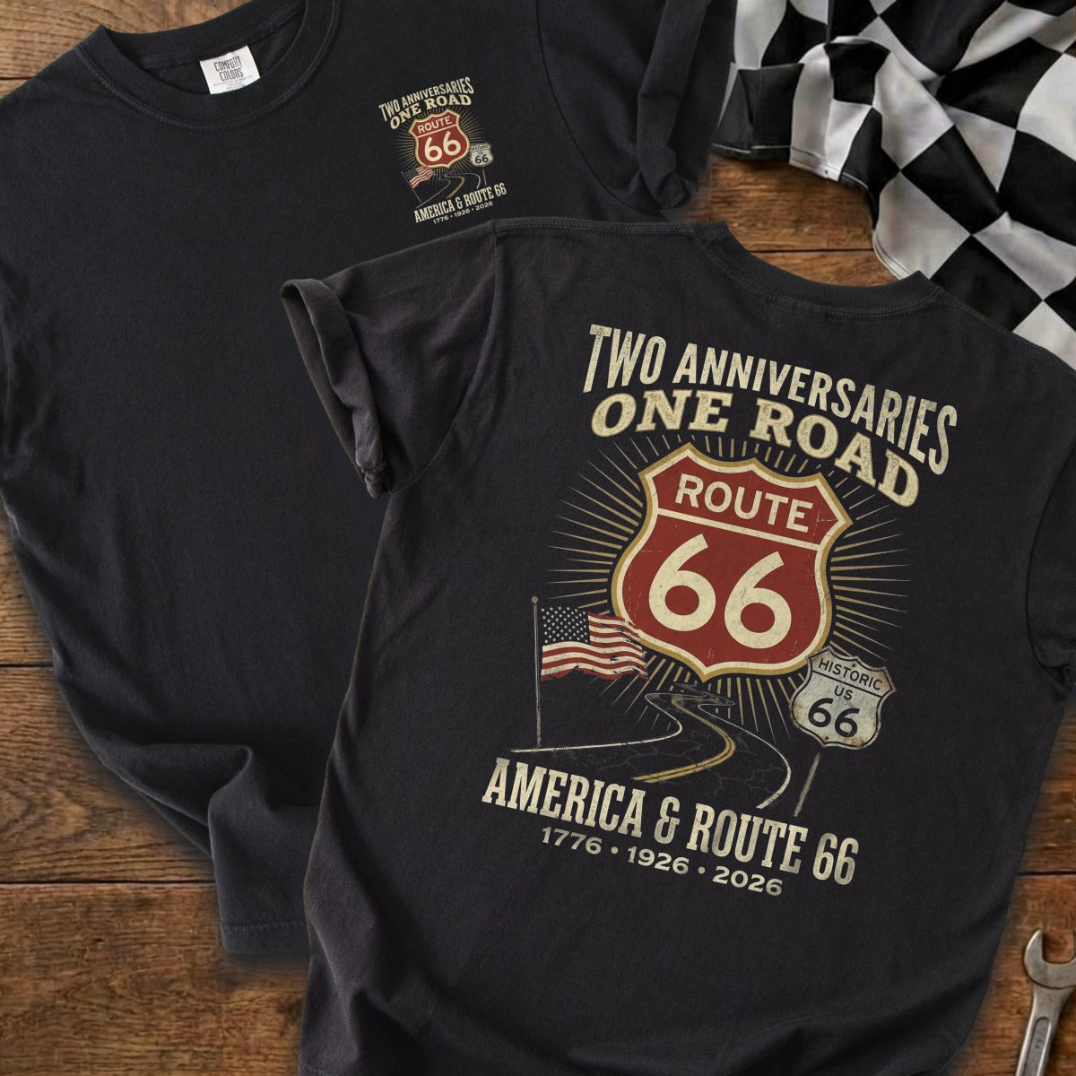 Black t-shirt with Route 66 and America anniversary design.