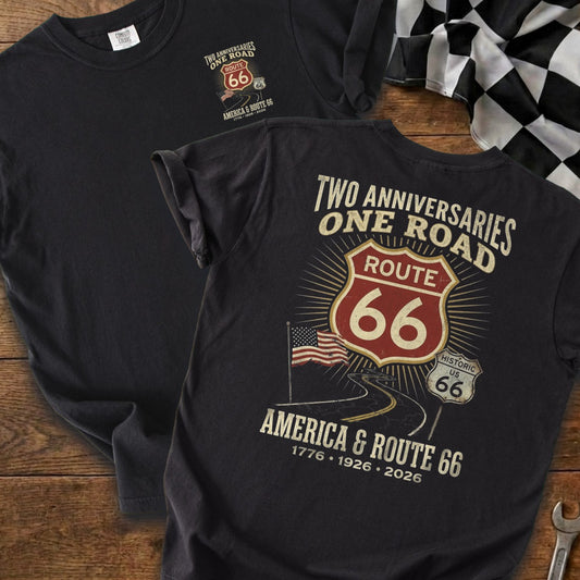 Black t-shirt with Route 66 and America anniversary design.