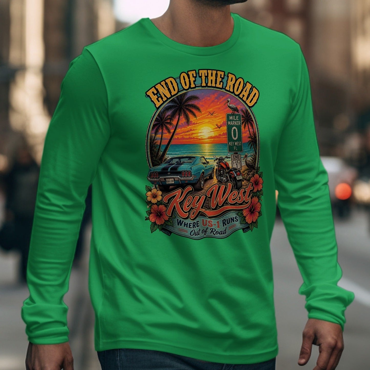 Green long-sleeve shirt with "End of the Road Key West" graphic.