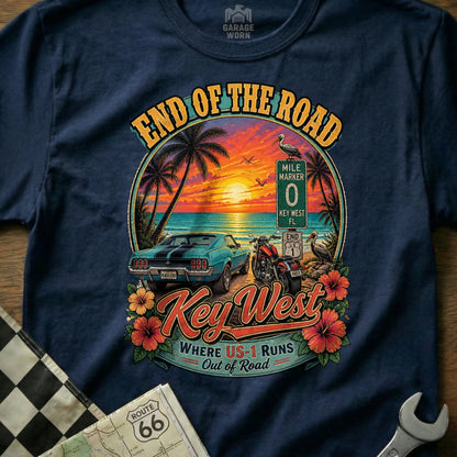 Key West t-shirt graphic with vintage car, motorcycle, and sunset, reading "End of the road, Key West".