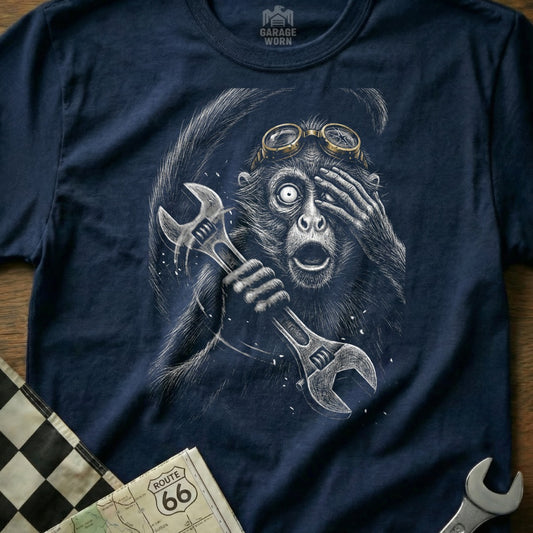 Monkey wearing goggles and holding two wrenches, dark navy t-shirt graphic.