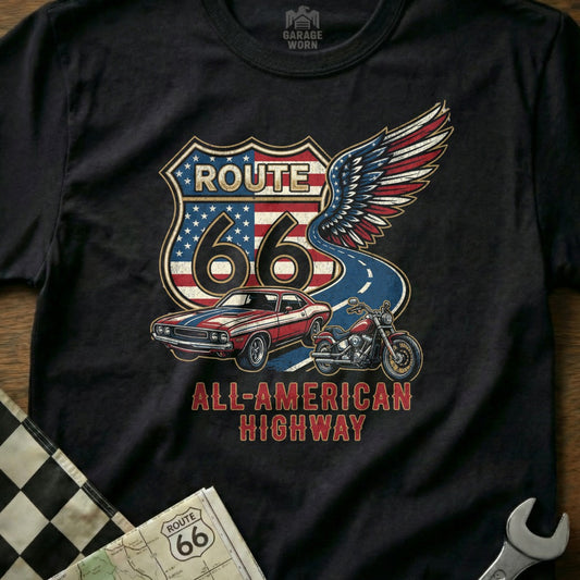 Route 66 graphic on black t-shirt with classic car and motorcycle.