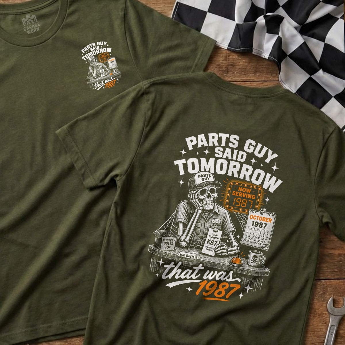T-shirt graphic features a skeleton at a counter with text "Parts Guy Said Tomorrow That Was 1987".