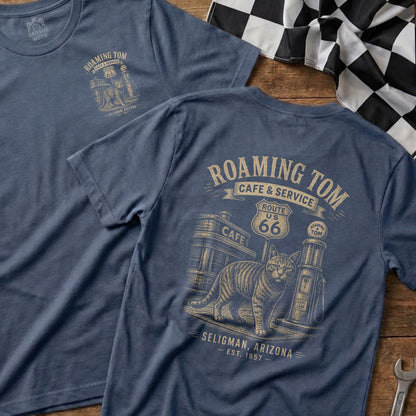 Blue t-shirt with Roaming Tom Route 66 cat graphic and "Seligman, Arizona Est. 1957" text.