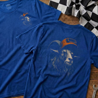 Blue t-shirt with a graphic of a ram wearing a welding mask.