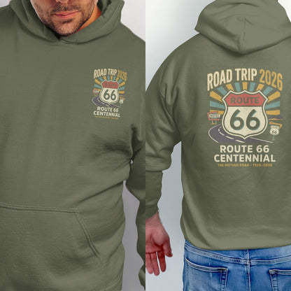 Olive green hoodie with Route 66 centennial graphic on back.