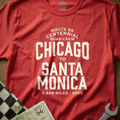 Red t-shirt with "Route 66 Centennial Chicago to Santa Monica 2,448 Miles 2026" text.