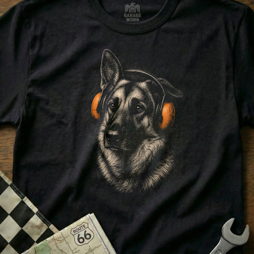 German Shepherd wearing headphones on a black t-shirt with Route 66 map and wrench.