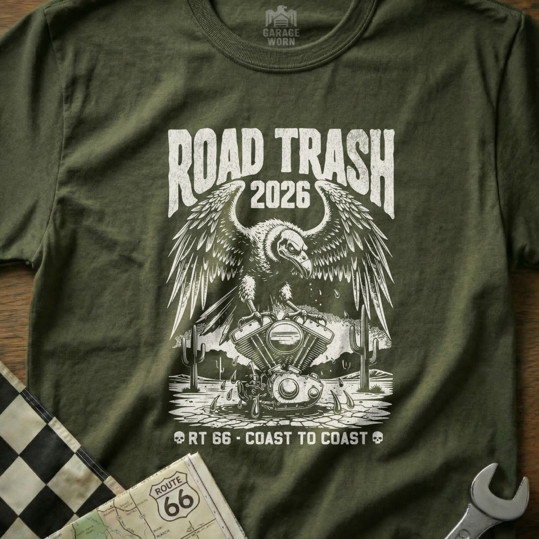 Road Trash 2026 t-shirt with eagle on motorcycle engine, Route 66 graphic.