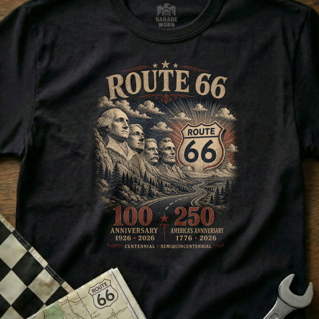 Route 66 graphic with Mount Rushmore, celebrating 100th and 250th anniversaries.