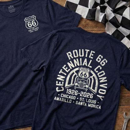 Navy t-shirts with Route 66 Centennial Convoy 100 Years 1926-2026 text.