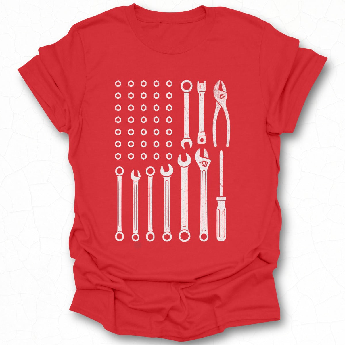 Red T-Shirt with Printed Hand Tool Designs