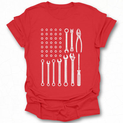 Red T-Shirt with Printed Hand Tool Designs