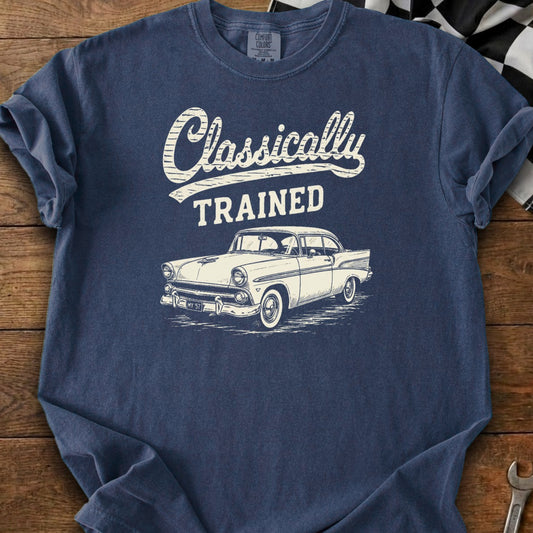 Navy t-shirt with "Classically TRAINED" and a vintage car graphic.