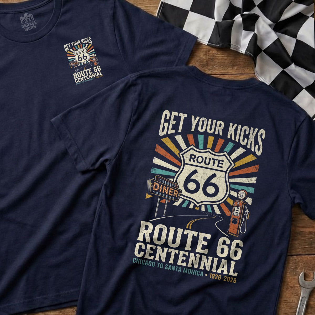 Navy t-shirt with "Route 66 Centennial" graphic and "Get Your Kicks" text.