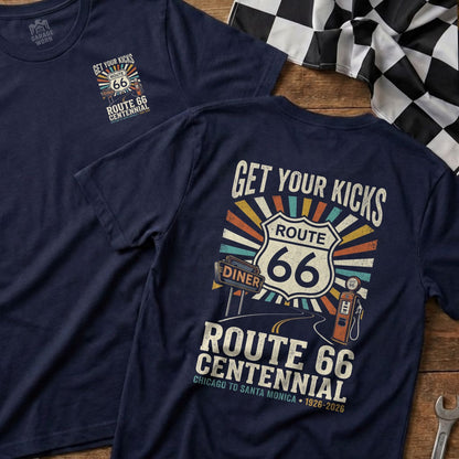 Navy t-shirt with "Route 66 Centennial" graphic and "Get Your Kicks" text.