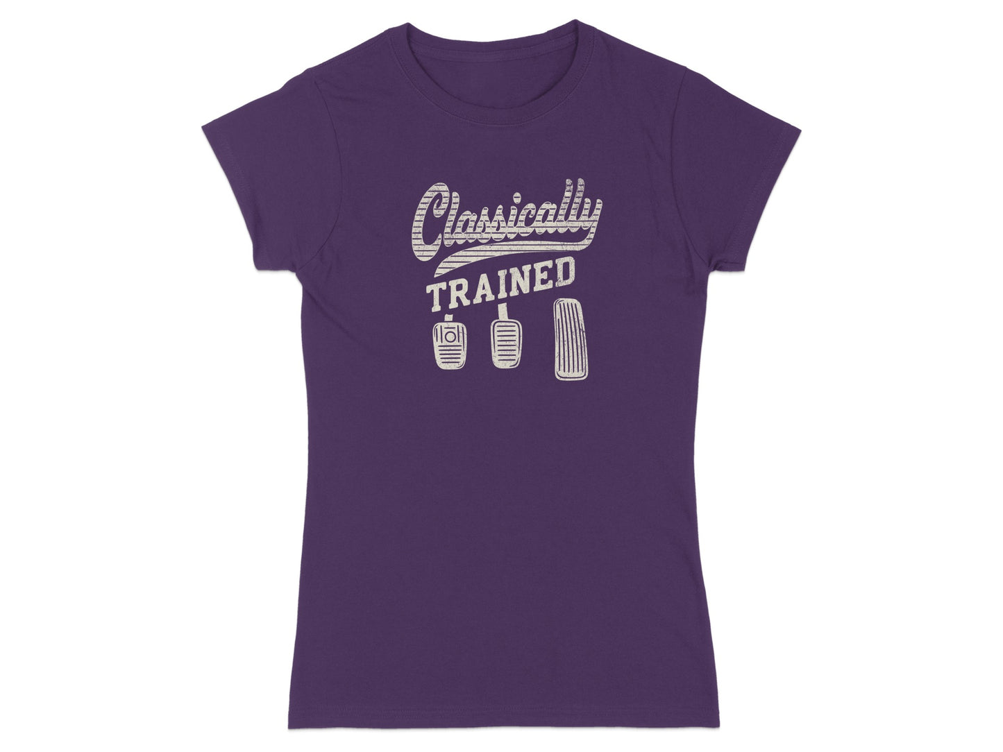 Purple t-shirt with "Classically Trained" and car pedals graphic.