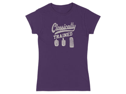 Purple t-shirt with "Classically Trained" and car pedals graphic.