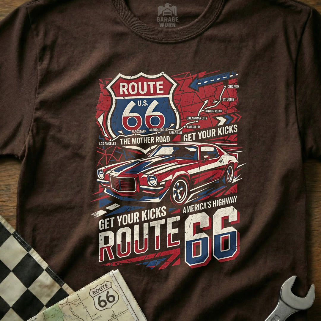 Brown t-shirt featuring a vintage car, US Route 66 shield, and map graphic.