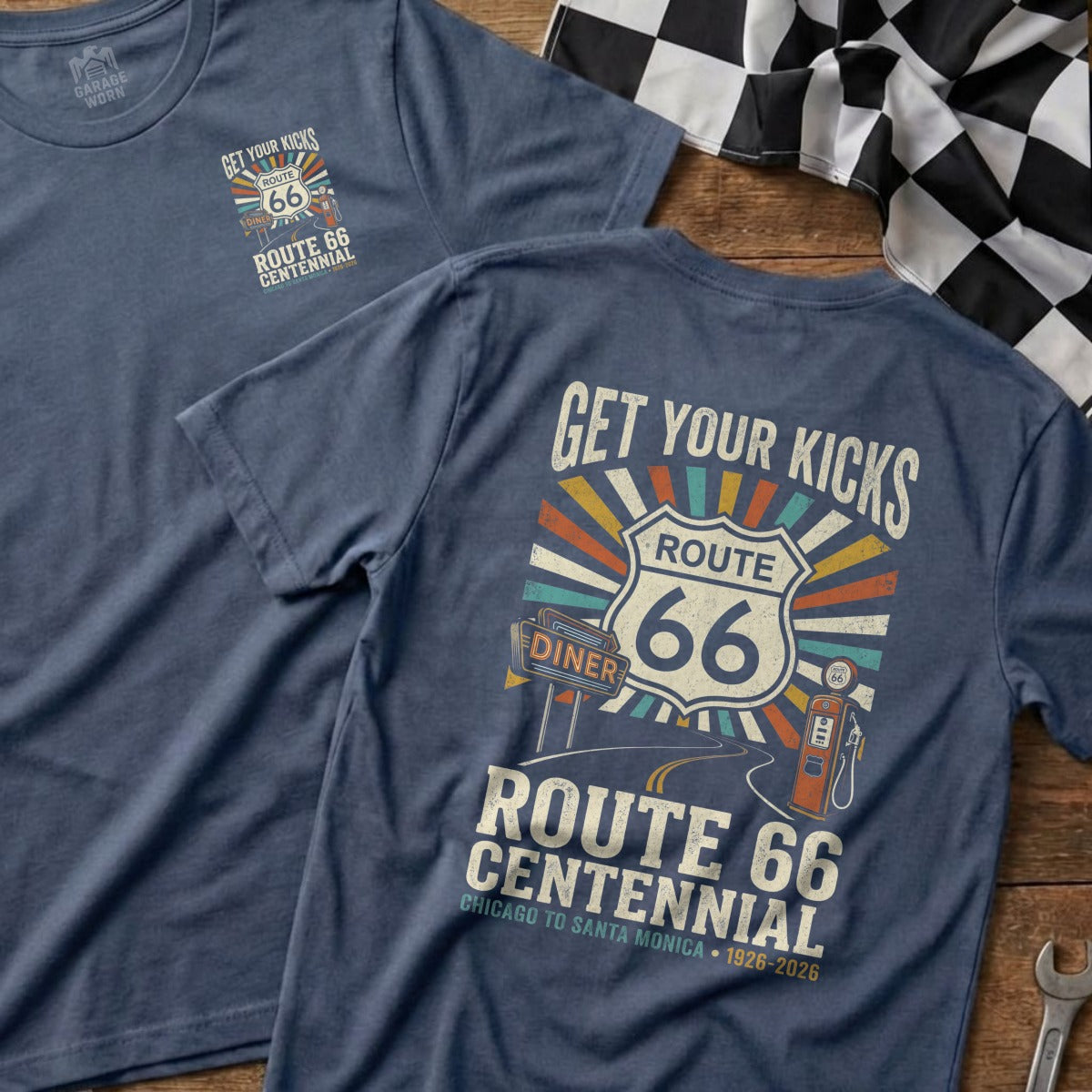Route 66 Centennial t-shirt with diner and gas station graphic.