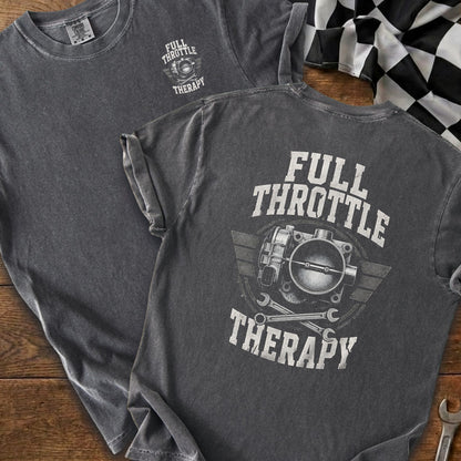 Dark gray t-shirt with "FULL THROTTLE THERAPY" text and throttle body graphic.