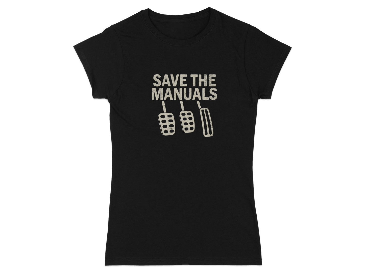 Black t-shirt with "SAVE THE MANUALS" and three pedals graphic.