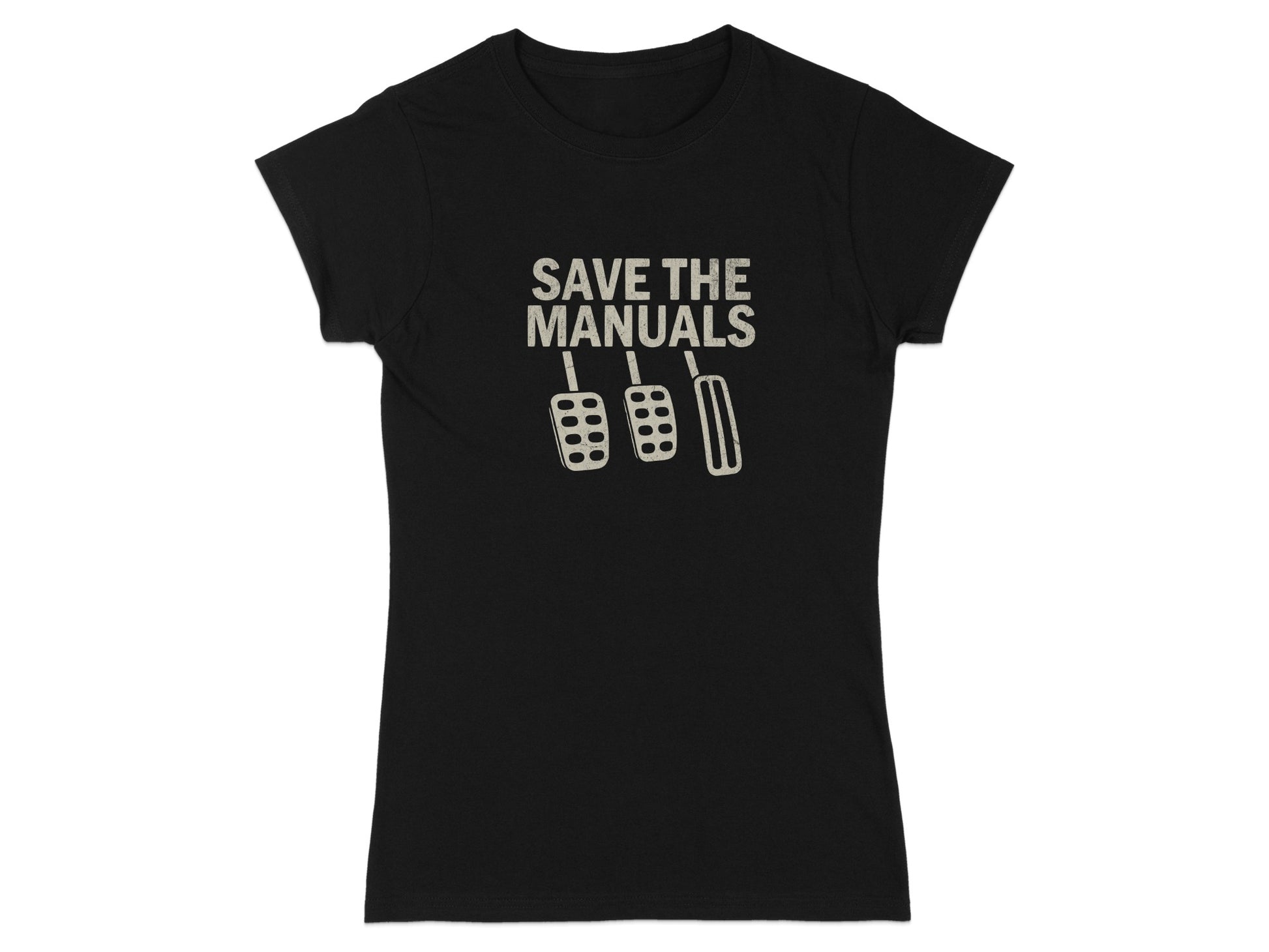 Black t-shirt with "SAVE THE MANUALS" and three pedals graphic.
