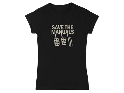 Black t-shirt with "SAVE THE MANUALS" and three pedals graphic.